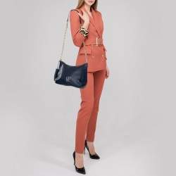 Pre Owned Carolina Herrera Navy Blue Grained Leather Chain Tassel Shoulder Bag