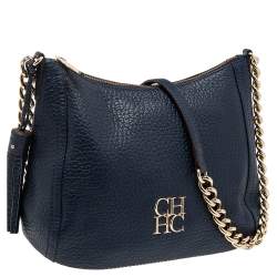 Pre Owned Carolina Herrera Navy Blue Grained Leather Chain Tassel Shoulder Bag