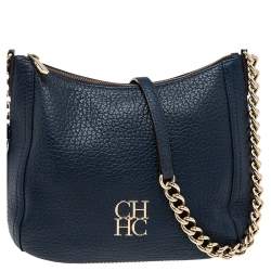 Pre Owned Carolina Herrera Navy Blue Grained Leather Chain Tassel Shoulder Bag