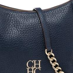 Pre Owned Carolina Herrera Navy Blue Grained Leather Chain Tassel Shoulder Bag