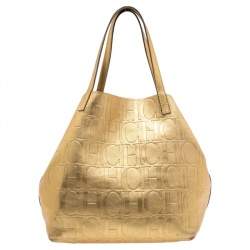 Pre Owned Carolina Herrera Gold Monogram Leather Matryoshka Tote