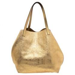 Pre Owned Carolina Herrera Gold Monogram Leather Matryoshka Tote