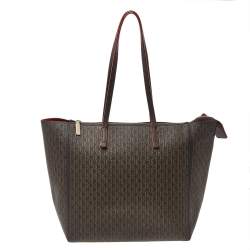 Pre Owned Carolina Herrera Dark Brown Monogram Leather Shopper Tote