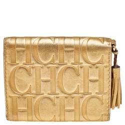 Pre Owned Carolina Herrera Metallic Gold Embossed Leather Trifold Compact Wallet