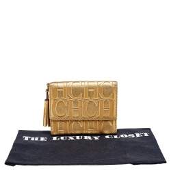 Pre Owned Carolina Herrera Metallic Gold Embossed Leather Trifold Compact Wallet