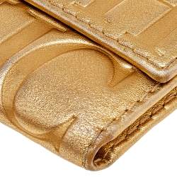 Pre Owned Carolina Herrera Metallic Gold Embossed Leather Trifold Compact Wallet