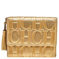 Pre Owned Carolina Herrera Metallic Gold Embossed Leather Trifold Compact Wallet