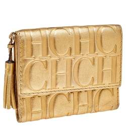 Pre Owned Carolina Herrera Metallic Gold Embossed Leather Trifold Compact Wallet