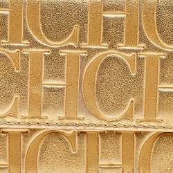 Pre Owned Carolina Herrera Metallic Gold Embossed Leather Trifold Compact Wallet