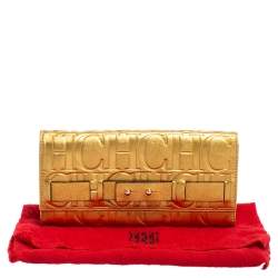 Pre Owned Carolina Herrera Metallic Gold Embossed Leather Flap Continental Wallet