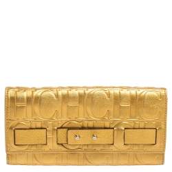 Pre Owned Carolina Herrera Metallic Gold Embossed Leather Flap Continental Wallet