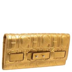 Pre Owned Carolina Herrera Metallic Gold Embossed Leather Flap Continental Wallet