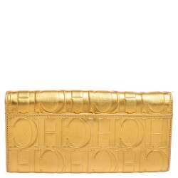 Pre Owned Carolina Herrera Metallic Gold Embossed Leather Flap Continental Wallet
