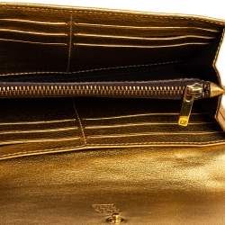 Pre Owned Carolina Herrera Metallic Gold Embossed Leather Flap Continental Wallet