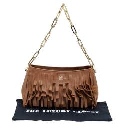 Carolina Hererra Brown Leather Fringe Chain Shoulder Bag