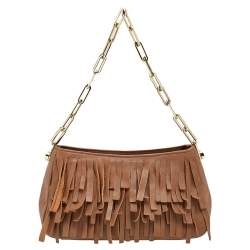 Carolina Hererra Brown Leather Fringe Chain Shoulder Bag