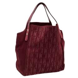 Pre Owned Carolina Herrera Burgundy Monogram Suede and Leather Tote