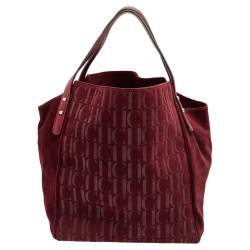 Pre Owned Carolina Herrera Burgundy Monogram Suede and Leather Tote