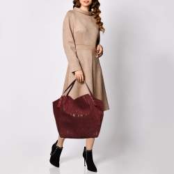 Pre Owned Carolina Herrera Burgundy Monogram Suede and Leather Tote