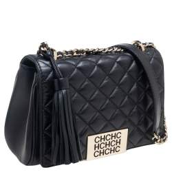 Pre Owned Carolina Herrera Black Quilted Leather Tassel Chain Shoulder Bag