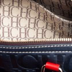 Pre Owned Carolina Herrera Navy Blue/Red Monogram Embossed Leather Andy Boston Bag