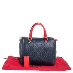 Pre Owned Carolina Herrera Navy Blue/Red Monogram Embossed Leather Andy Boston Bag