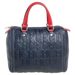Pre Owned Carolina Herrera Navy Blue/Red Monogram Embossed Leather Andy Boston Bag
