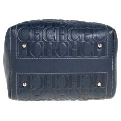 Pre Owned Carolina Herrera Navy Blue/Red Monogram Embossed Leather Andy Boston Bag