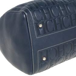 Pre Owned Carolina Herrera Navy Blue/Red Monogram Embossed Leather Andy Boston Bag