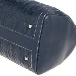 Pre Owned Carolina Herrera Navy Blue/Red Monogram Embossed Leather Andy Boston Bag