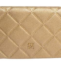 Pre Owned Carolina Herrera Gold Leather Flap Chain Shoulder Bag