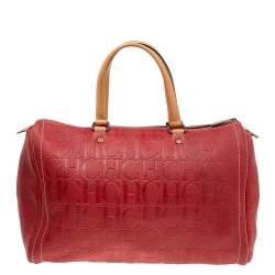 مملوكة مسبقًا Carolina Herrera Red Monogram Embossed Leather Large Andy Boston Bag