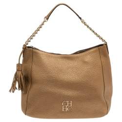 Pre Owned Carolina Herrera Metallic Gold Grained Leather Chain Tassel Hobo