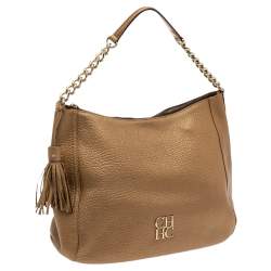 Pre Owned Carolina Herrera Metallic Gold Grained Leather Chain Tassel Hobo