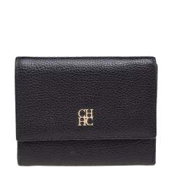 Pre Owned Carolina Herrera Black Leather Trifold Compact Wallet