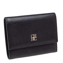 Pre Owned Carolina Herrera Black Leather Trifold Compact Wallet