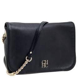 Pre Owned Carolina Herrera Black Leather Chain Flap Shoulder Bag