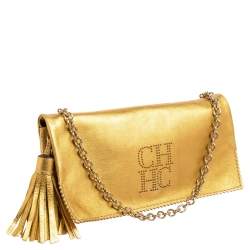Pre Owned Carolina Herrera Metallic Gold Leather Tassel Chain Crossbody Bag