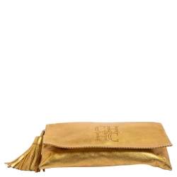 Pre Owned Carolina Herrera Metallic Gold Leather Tassel Chain Crossbody Bag