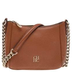 Pre Owned Carolina Herrera Brown Leather Chain Tassel Crossbody Bag