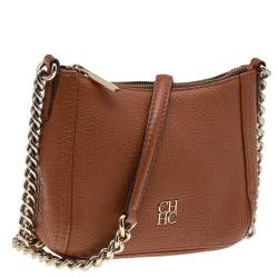 Pre Owned Carolina Herrera Brown Leather Chain Tassel Crossbody Bag