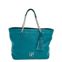 Pre Owned Carolina Herrera Dark Green Leather Tassel Zip Tote