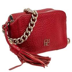 Pre Owned Carolina Herrera Red Leather Tassel Crossbody Bag
