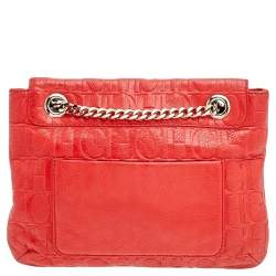 Pre Owned Carolina Herrera Orange Monogram Embossed Leather Bow Flap Shoulder Bag