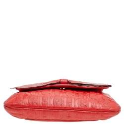 Pre Owned Carolina Herrera Orange Monogram Embossed Leather Bow Flap Shoulder Bag