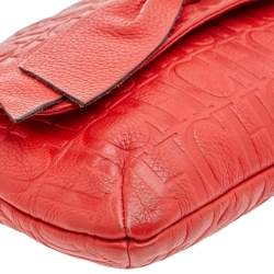 Pre Owned Carolina Herrera Orange Monogram Embossed Leather Bow Flap Shoulder Bag