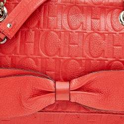Pre Owned Carolina Herrera Orange Monogram Embossed Leather Bow Flap Shoulder Bag