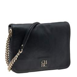 Pre Owned Carolina Herrera Black Leather Flap Shoulder Bag