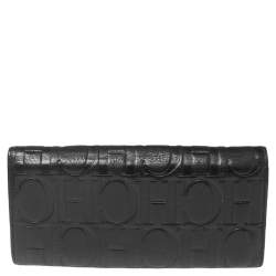 Pre Owned Carolina Herrera Black Monogram Embossed Leather Flap Continental Wallet