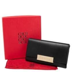 Pre Owned Carolina Herrera Black Leather Logo Metal Flap Clutch